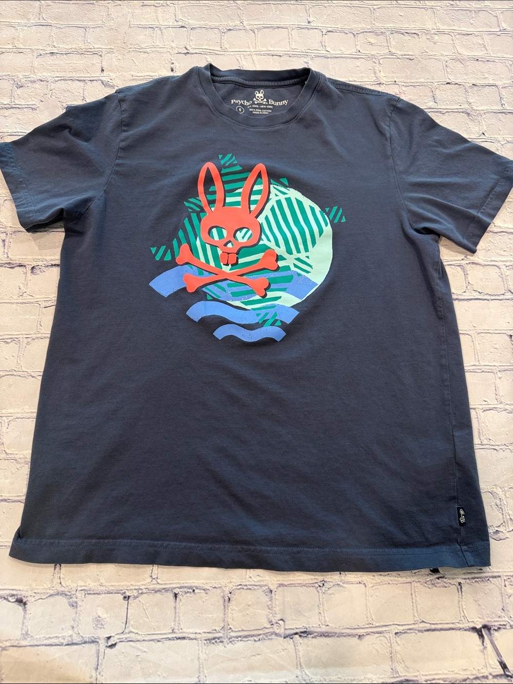 Psycho Bunny Men’s Pima Cotton Navy Short-Sleeve Tee with Bunny Graphic | Large